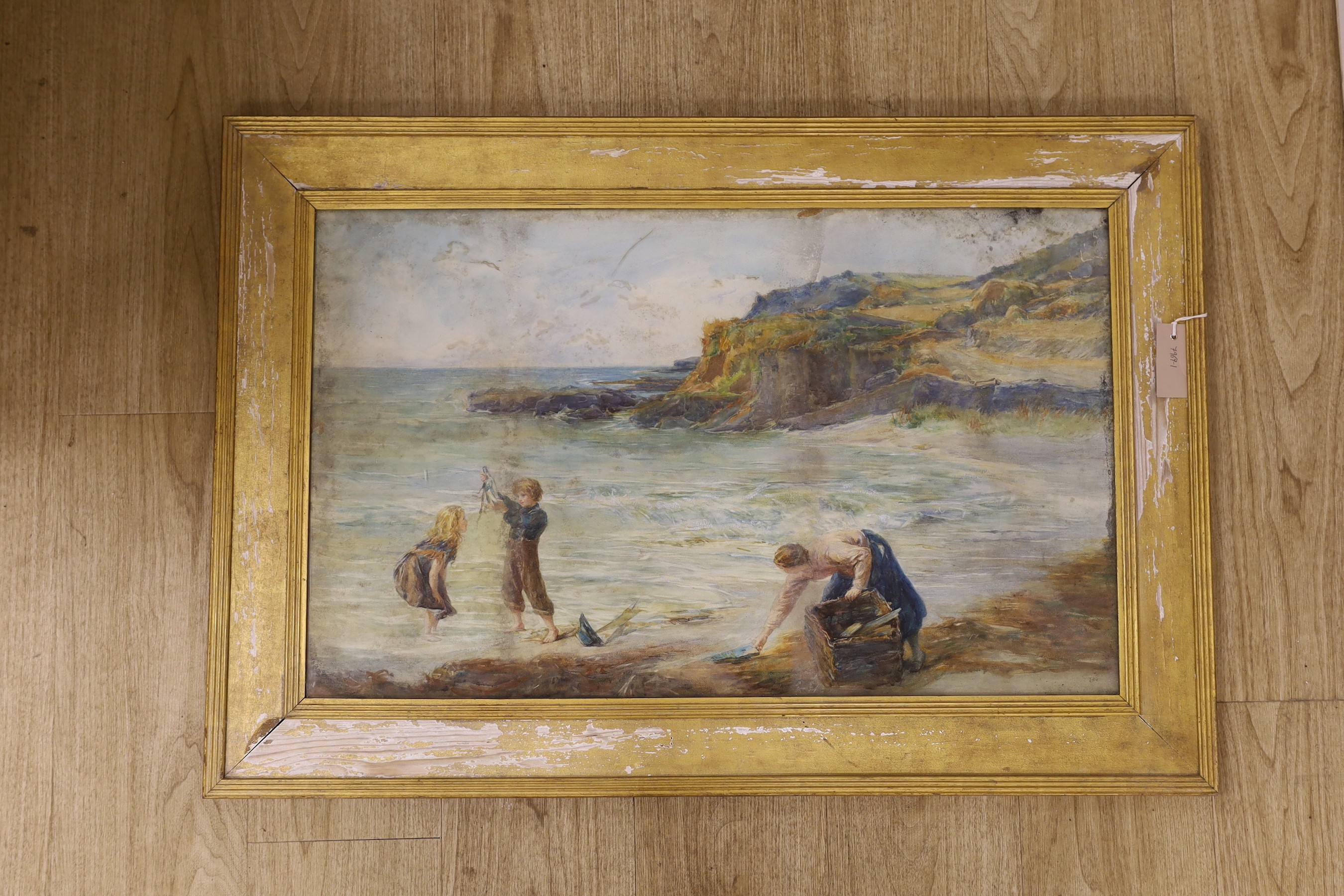 English School c.1900, watercolour, Mother and children on the beach, 46 x 75cm